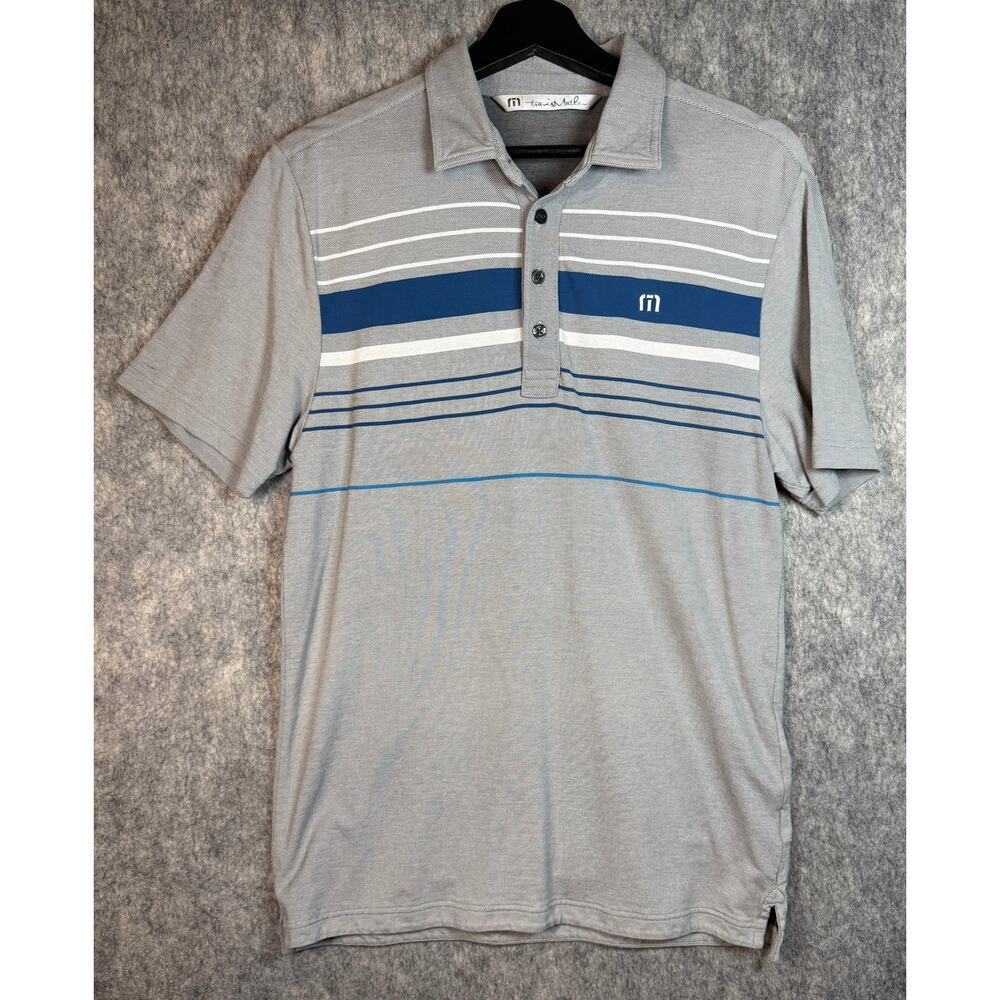Travis Mathew Polo Shirt Mens Medium Gray Blue Striped Golf Stretch Preppy